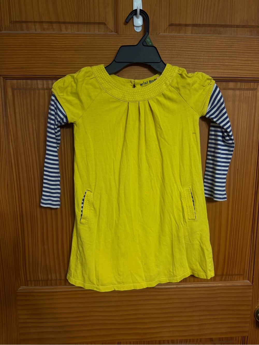 Mini Boden Yellow Dress with Navy & White Striped Sleeves 5/6